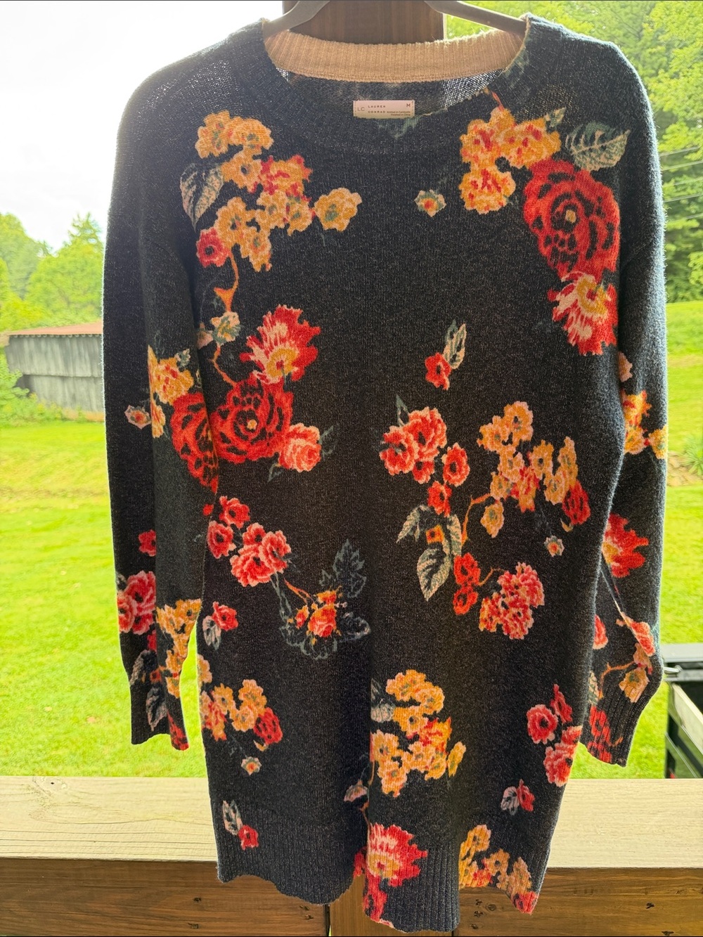 LC Lauren Conrad Navy Crewneck Sweater Dress Red & Yellow/Gold Floral Print